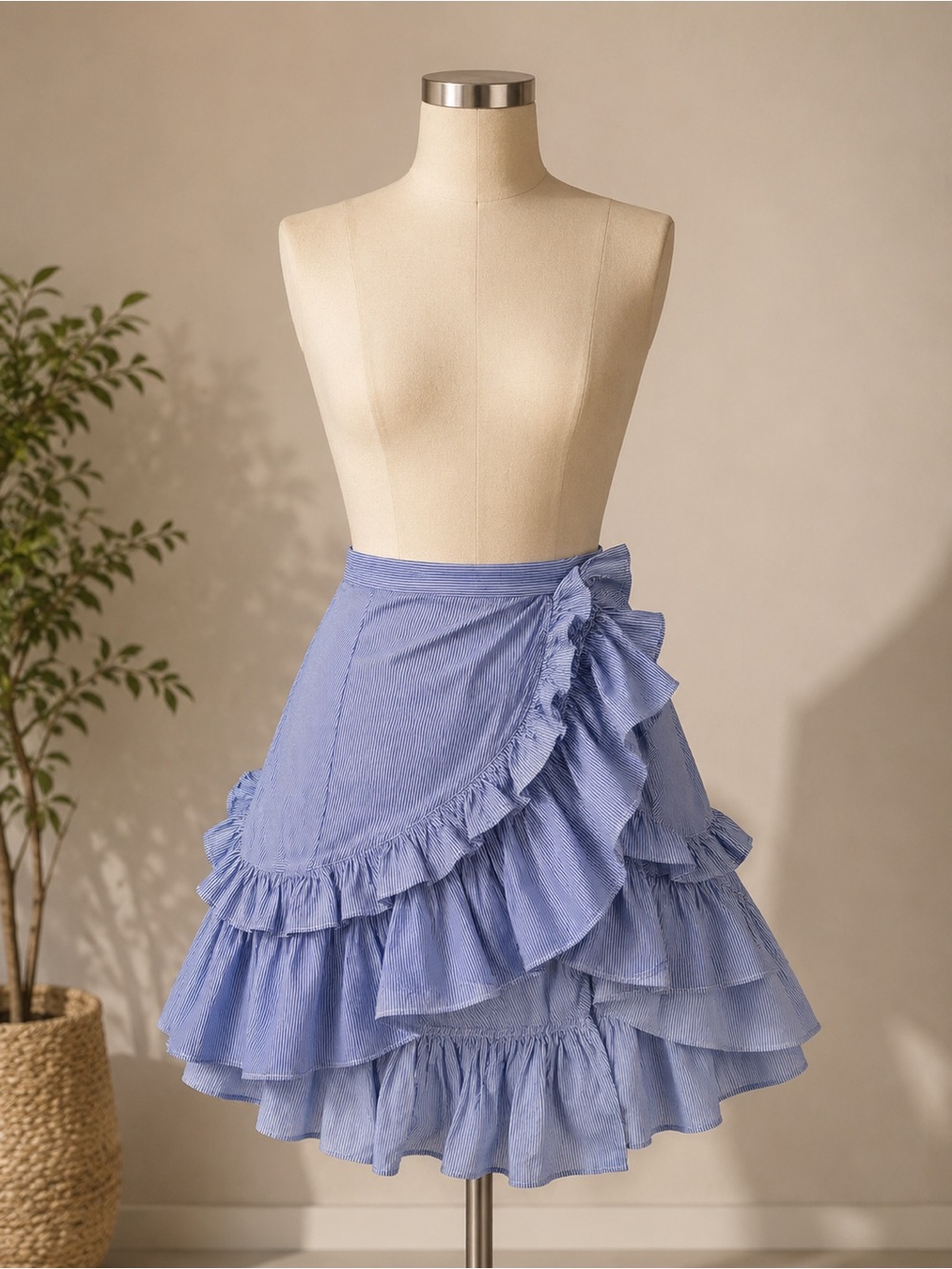 Chicwish Blue Striped Asymmetrical Ruffle Wrap Skirt small - Picture 3 of 3